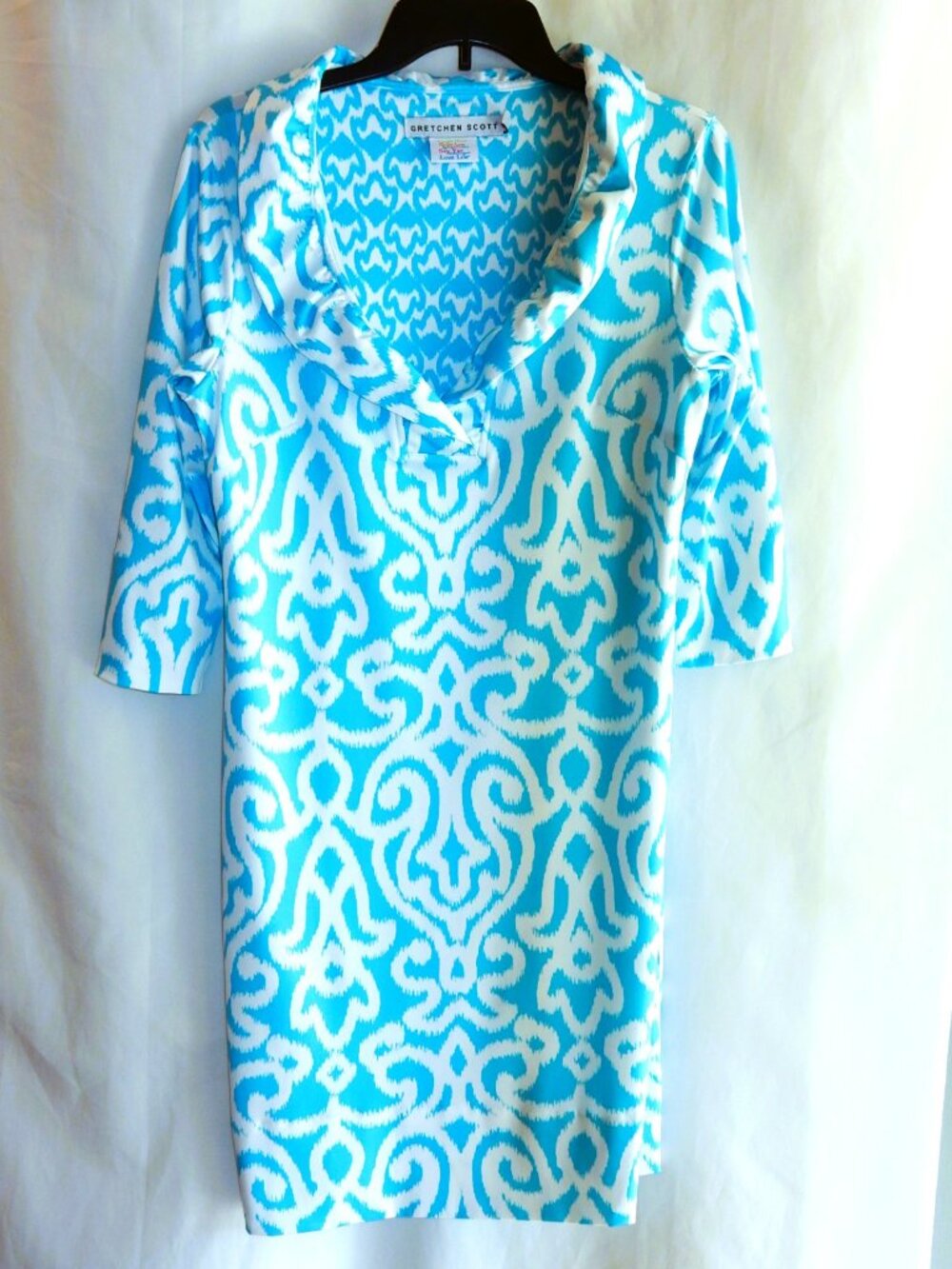 Gretchen Scott Blue & White Ruffneck Knit Dress in Size M